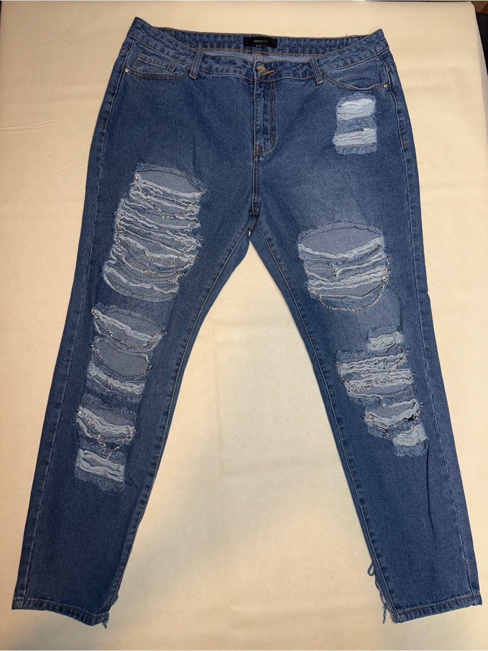 Forever 21 Women's Distressed Blue Slim Straight Jeans
